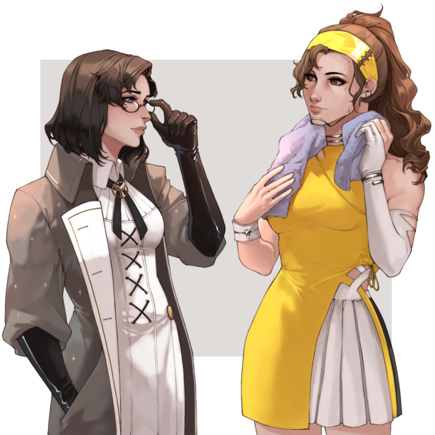 2girls, absurdres, adjusting_eyewear, annasassiart, black-framed_eyewear, black_eyes, black_gloves, black_hair