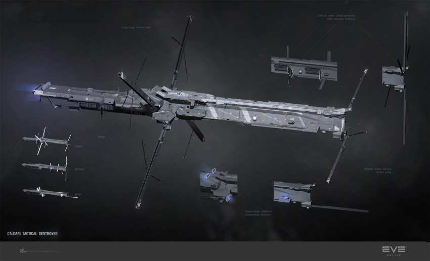3d, advanced_ship_(eve_online), attack_ship_(eve_online), caldari_state_(eve_online), commentary, company_logo, company_name, concept_art, copyright_logo, copyright_name, dark_background, dated, destroyer_(eve_online), english_text, eve_online, from_side, glowing, grey_background, grey_theme, highres, logo, machinery, military_vehicle, no_humans, official_art, radio_antenna, reference_sheet, science_fiction, sobaku-chiuchiu, spacecraft, tactical_destroyer_(eve_online), tech_3_ship_(eve_online), thrusters, vehicle_focus, vernier_thrusters