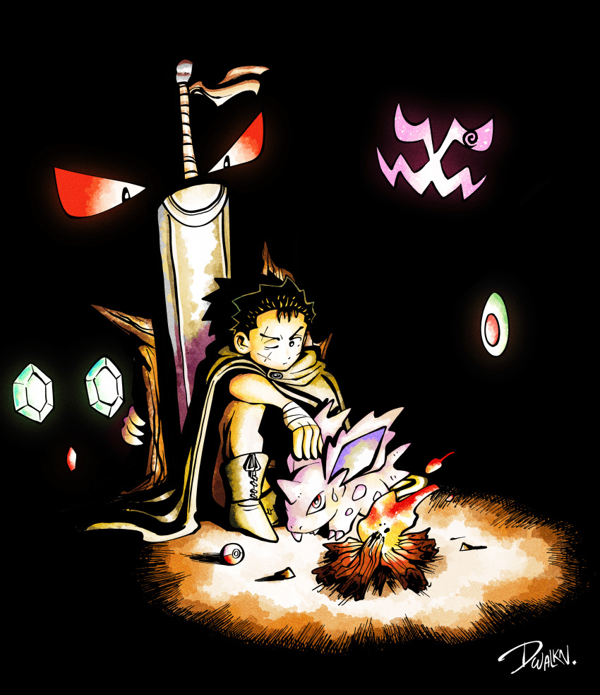 1boy, absurdres, arm_on_knee, arm_up, bandaged_hand, bandages, berserk, black_eyes