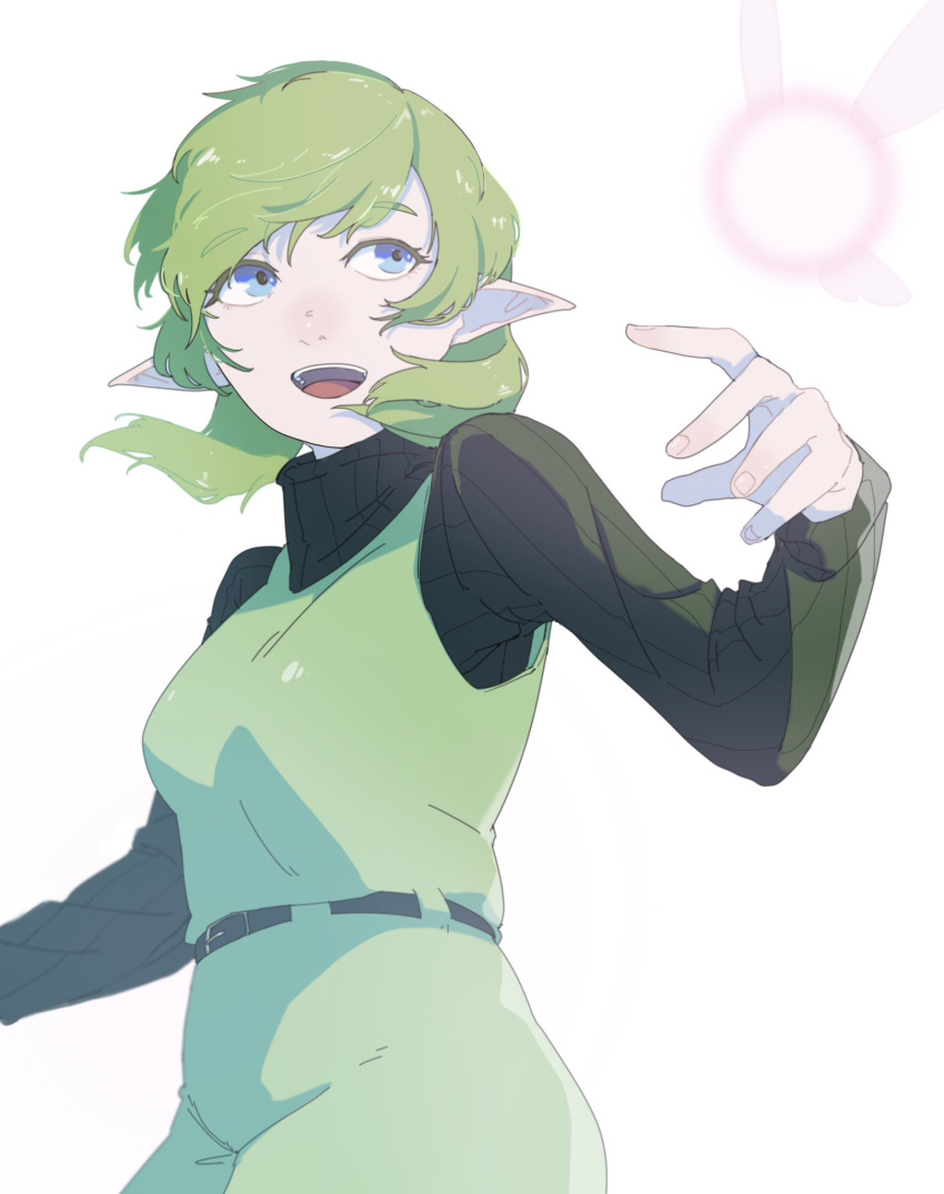 1girl, :d, blue_eyes, fairy, fingernails, green_hair, green_sweater, highres