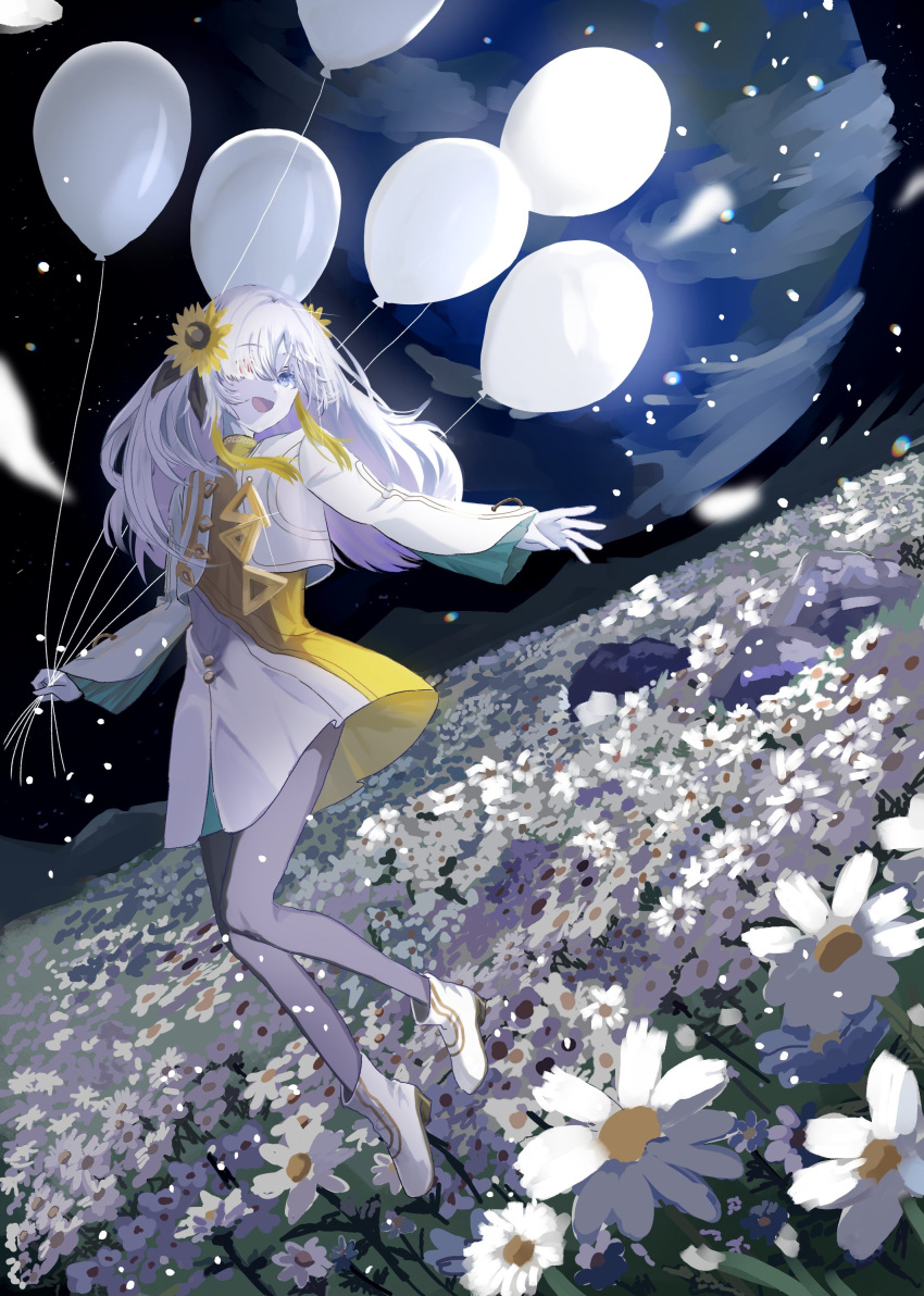 1girl, absurdres, ankle_boots, asymmetrical_bangs, balloon, boots, colored_tips, cropped_jacket