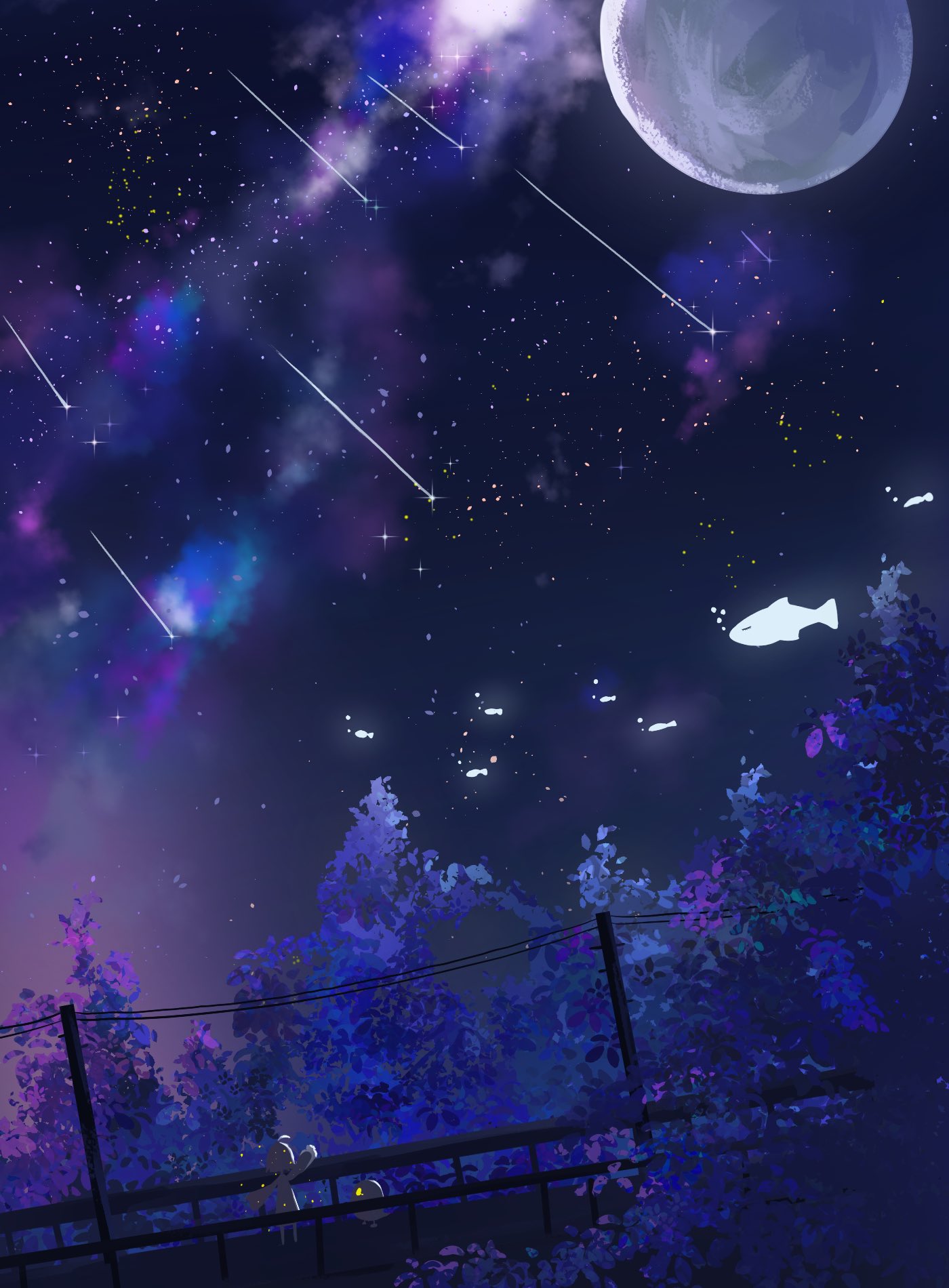 1girl, 1other, dear._mr_f_(zutomayo), fish, franken_(zutomayo), full_moon, highres, moon