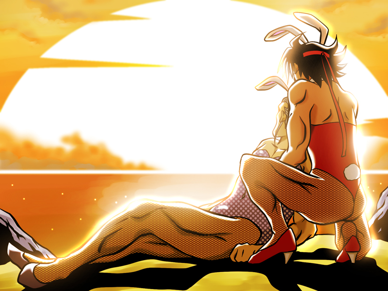 ass, bunny_ears, bunnysuit, crossdressinging, domon_kasshu, fishnet_pantyhose, fishnets, g_gundam