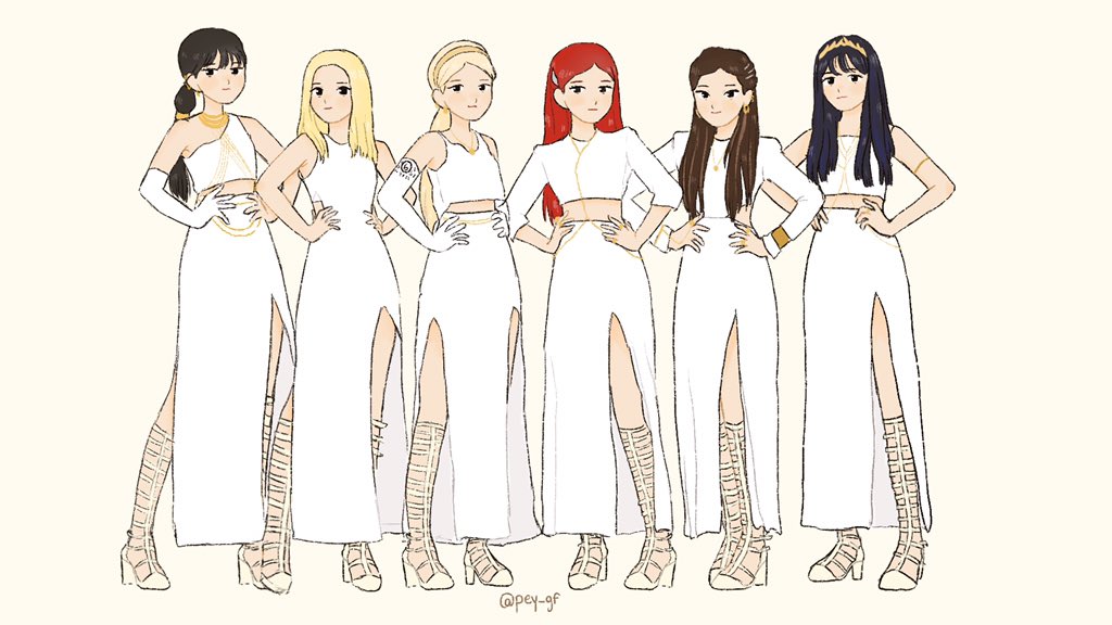 6+girls, blue_hair, brown_hair, chibi, dress, eunha_(gfriend), full_body, gfriend