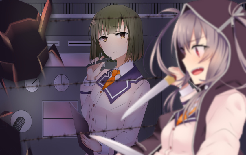 2girls, 80mph, aratama_(toji_no_miko), ban_tsugumi, blurry, blurry_foreground, book, brown_eyes