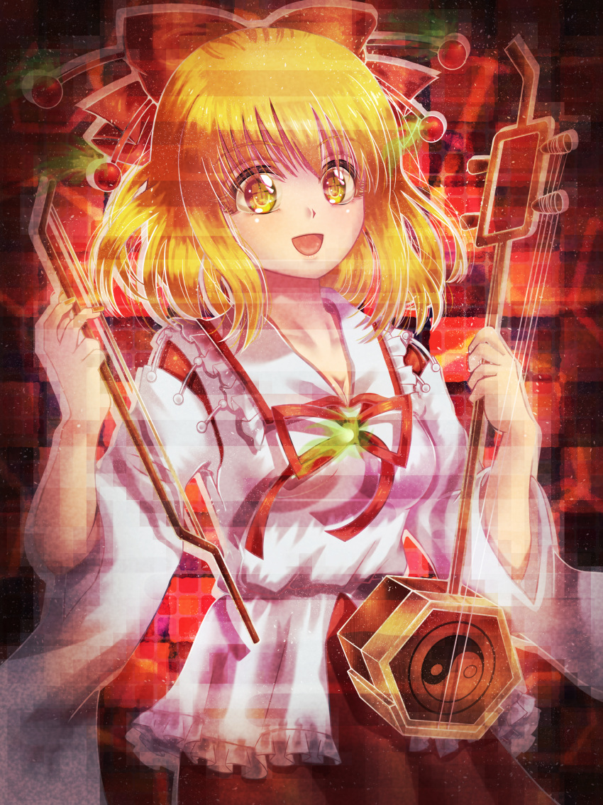 1girl, :d, absurdres, blonde_hair, bow, bow_(music), breasts, detached_sleeves
