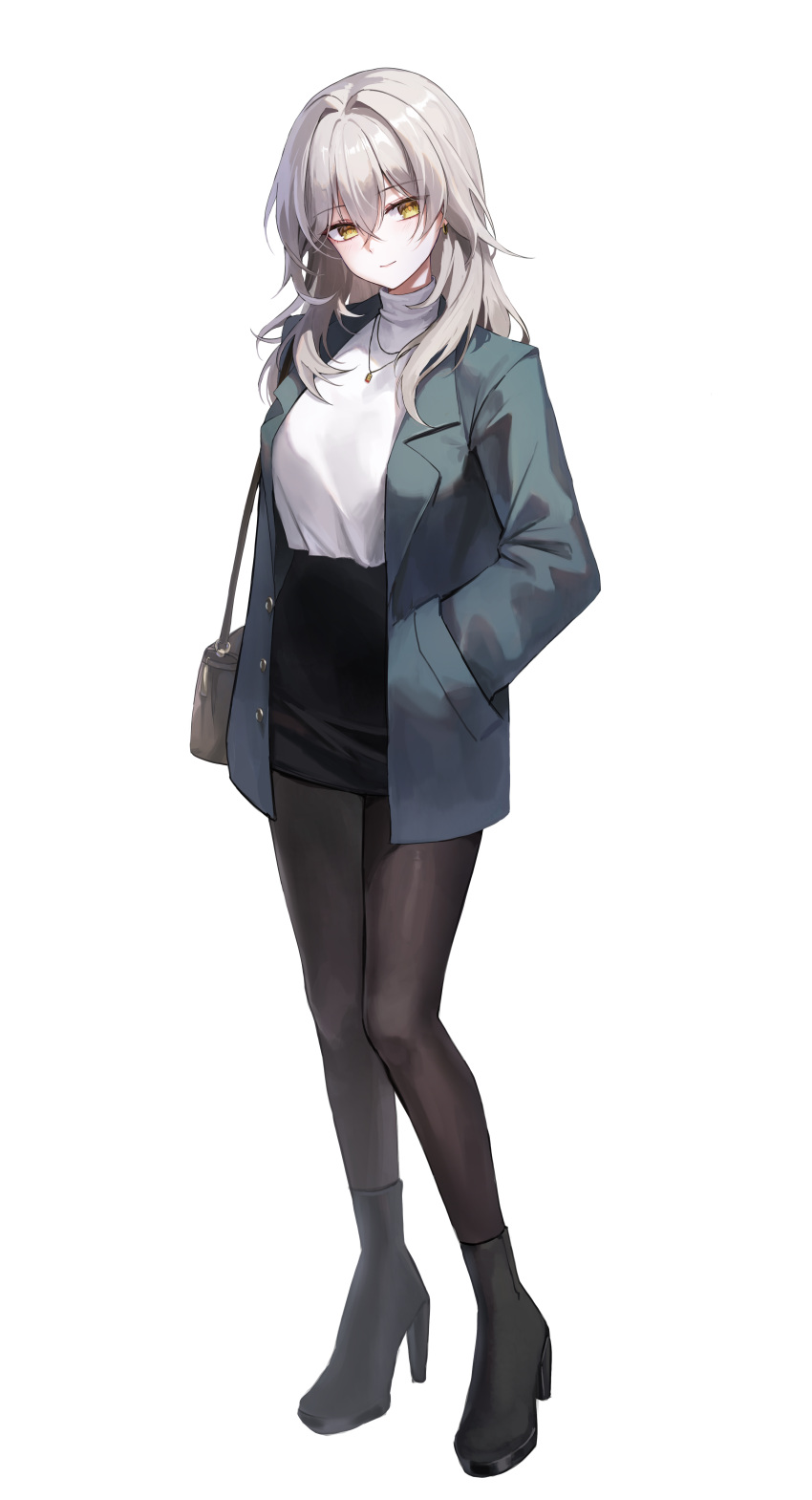1girl, absurdres, alternate_costume, bag, black_footwear, black_pantyhose, black_skirt, ena_(enanong)