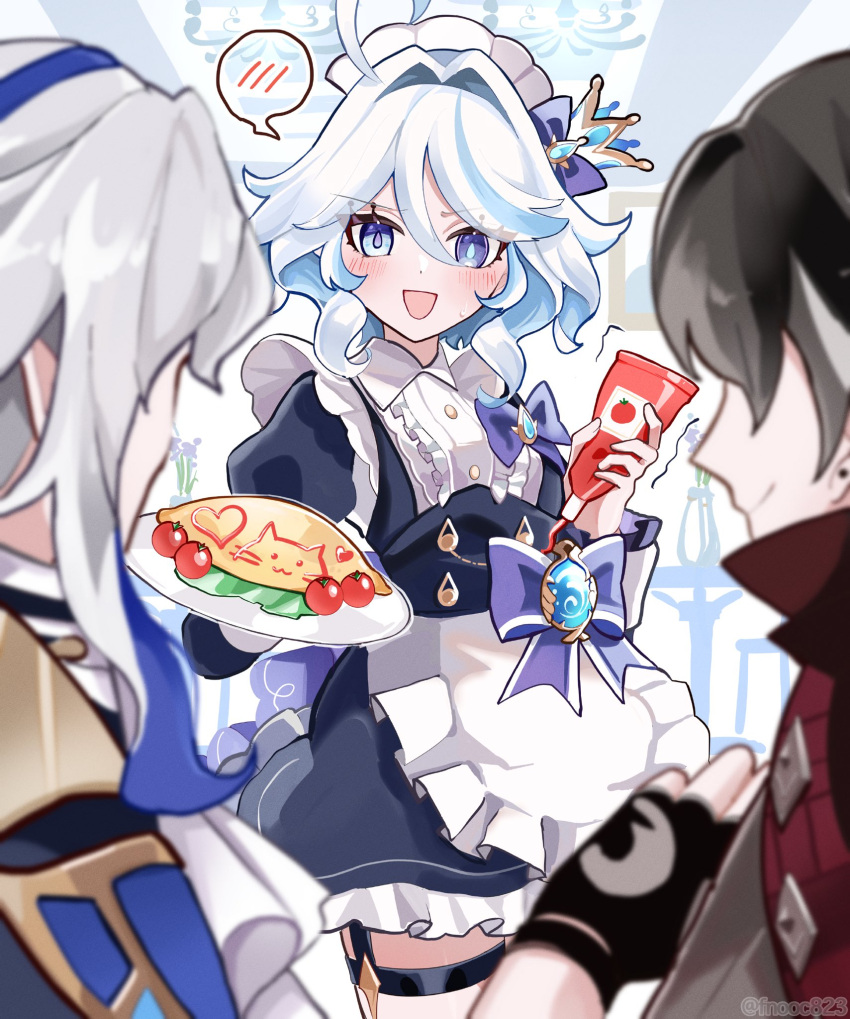 1girl, 2boys, :d, alternate_costume, apron, black_dress, black_gloves, black_hair