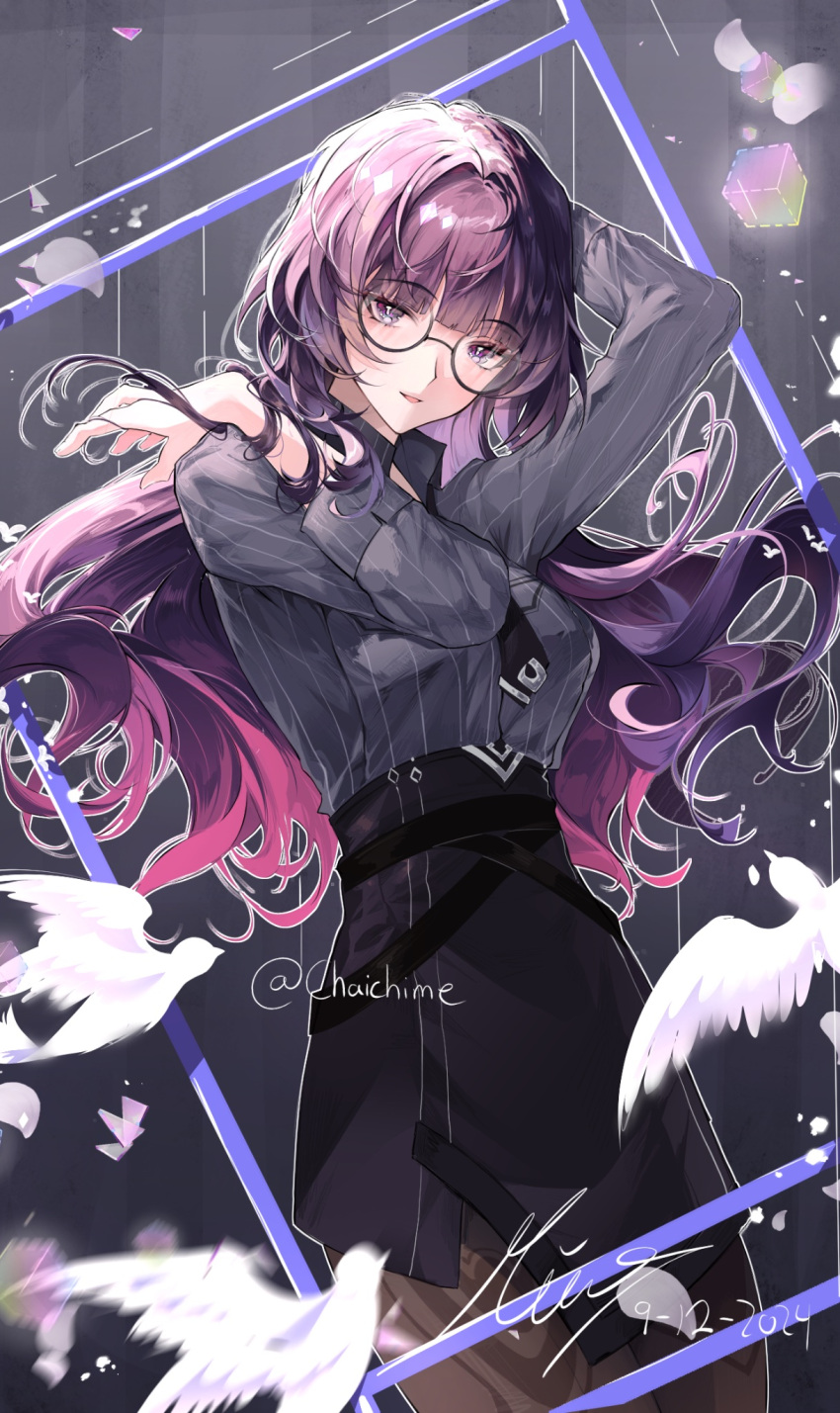 1girl, abstract_background, animal, arms_up, artist_name, belt, bird, black-framed_eyewear