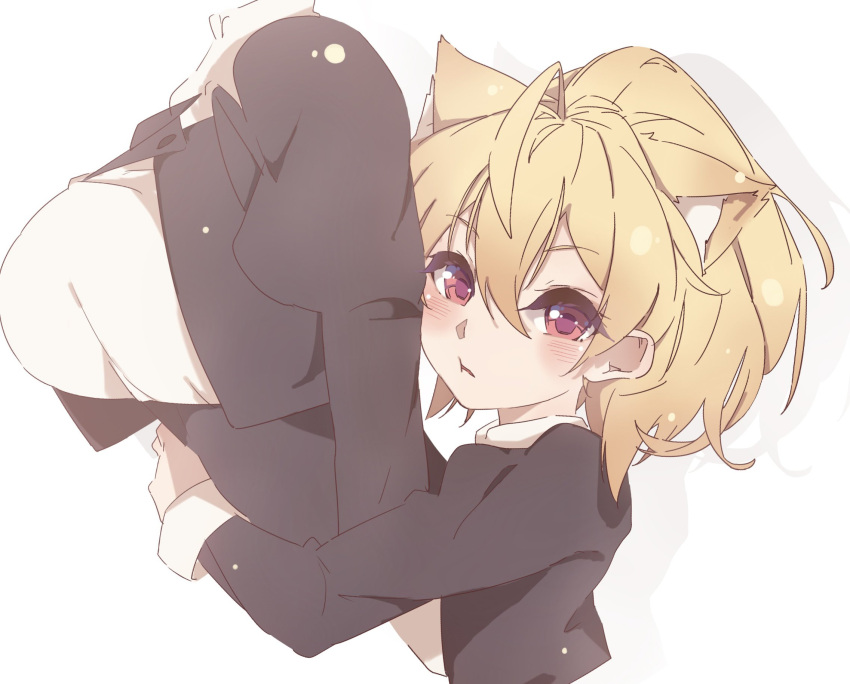 2girls, :t, ahoge, andou_tazusa, animal_ear_fluff, animal_ears, arm_at_side, assault_lily