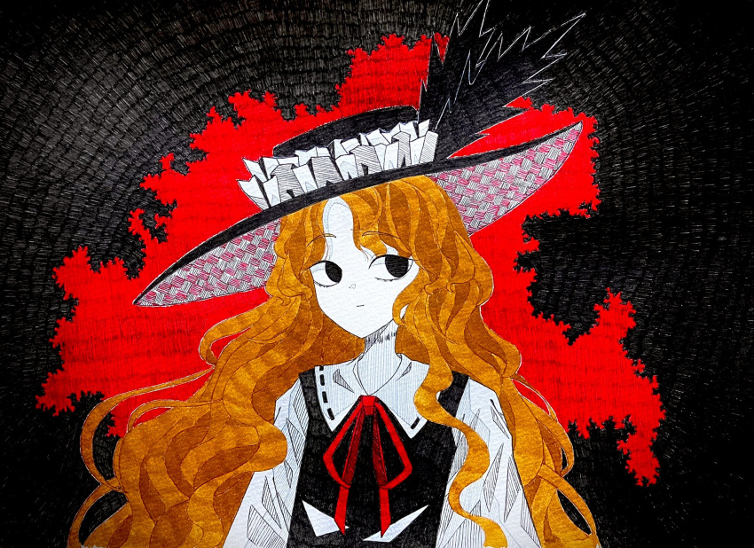 1girl, agaribito_snail, black_background, black_eyes, black_hat, black_vest, blonde_hair, collared_shirt, commentary_request, dolls_in_pseudo_paradise, frilled_hat, frills, hat, hat_feather, highres, jacket_girl_(dipp), long_hair, long_sleeves, neck_ribbon, red_background, red_ribbon, ribbon, shirt, solo, touhou, traditional_media, upper_body, very_long_hair, vest, wavy_hair