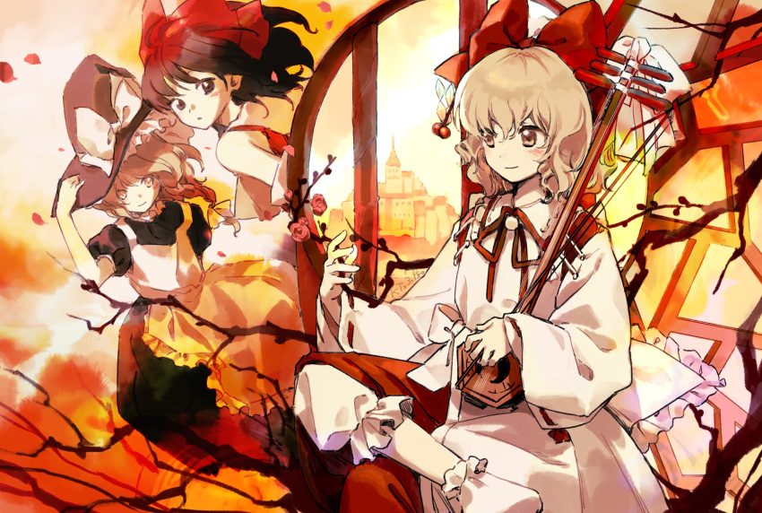 3girls, apron, bare_shoulders, black_dress, black_hat, blonde_hair, bloomers, bow