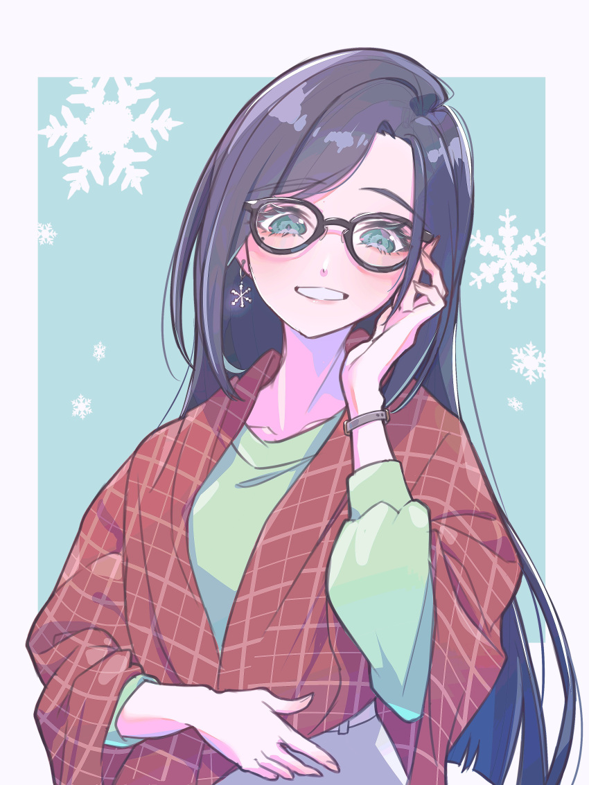 1girl, absurdres, adjusting_eyewear, aqua_background, bespectacled, black-framed_eyewear, blue_eyes, blue_hair