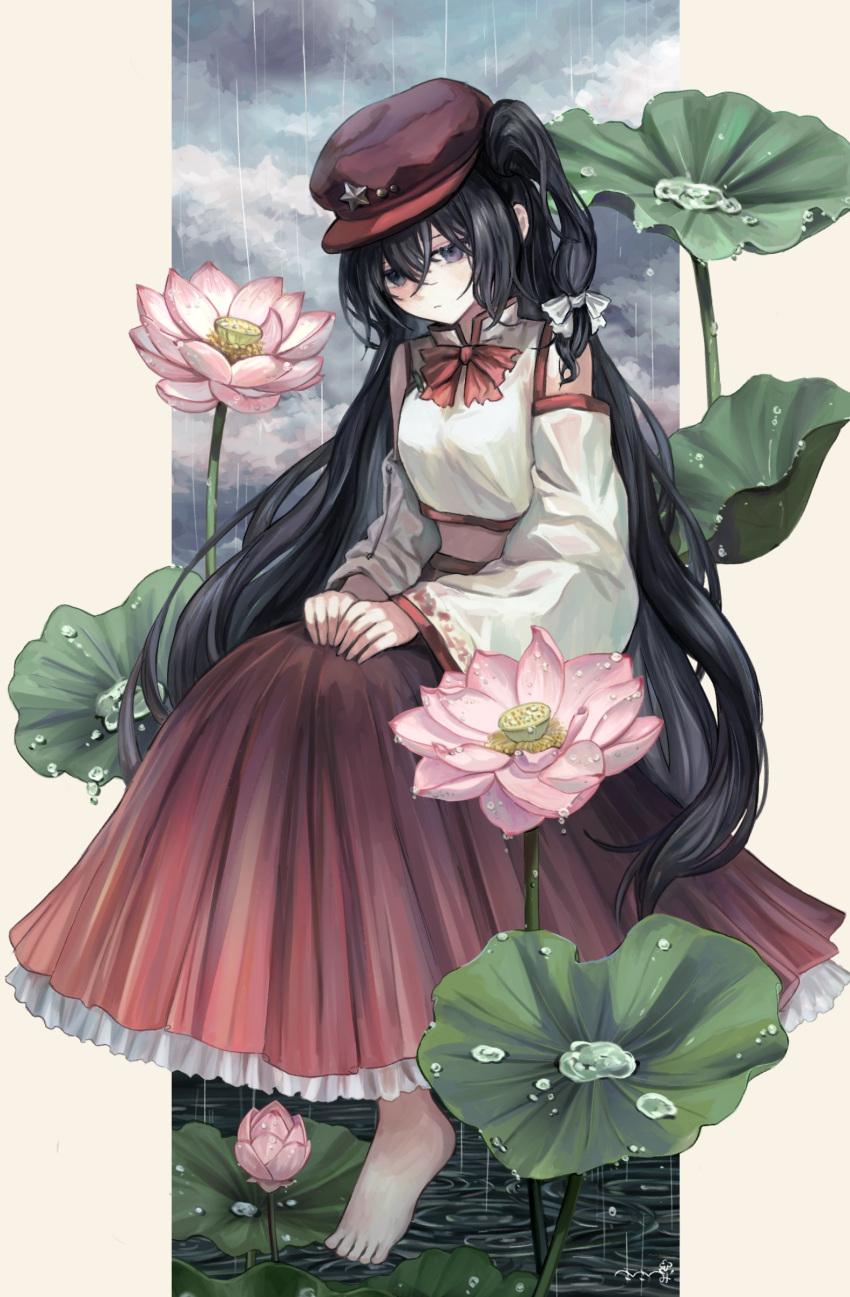 1girl, absurdres, bare_shoulders, barefoot, blue_eyes, blue_hair, bow, bowtie