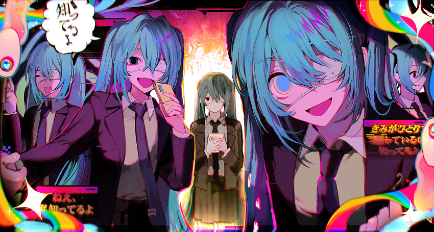 1girl, absurdres, black_jacket, black_nails, black_skirt, blue_eyes, blue_hair, cellphone, collared_shirt, commentary_request, empty_eyes, eyepatch, hatsune_miku, highres, holding, holding_phone, jacket, long_hair, long_sleeves, medical_eyepatch, monitoring_(vocaloid), multiple_views, open_mouth, phone, pleated_skirt, ran_(v17071107), school_uniform, shirt, skirt, smartphone, smile, speech_bubble, translation_request, twintails, very_long_hair, vocaloid, white_shirt