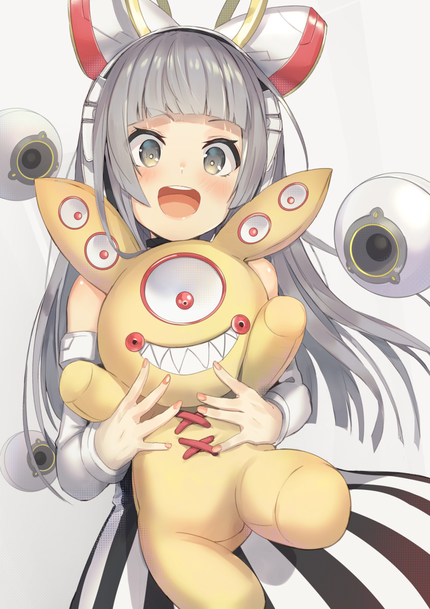 1girl, bare_shoulders, blunt_bangs, blunt_ends, blush, bright_pupils, cowboy_shot, detached_sleeves