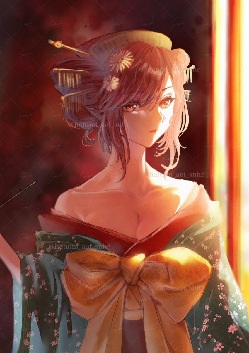 1girl, alternate_costume, bare_shoulders, breasts, collarbone, drill_hair, floral_print, floral_print_kimono
