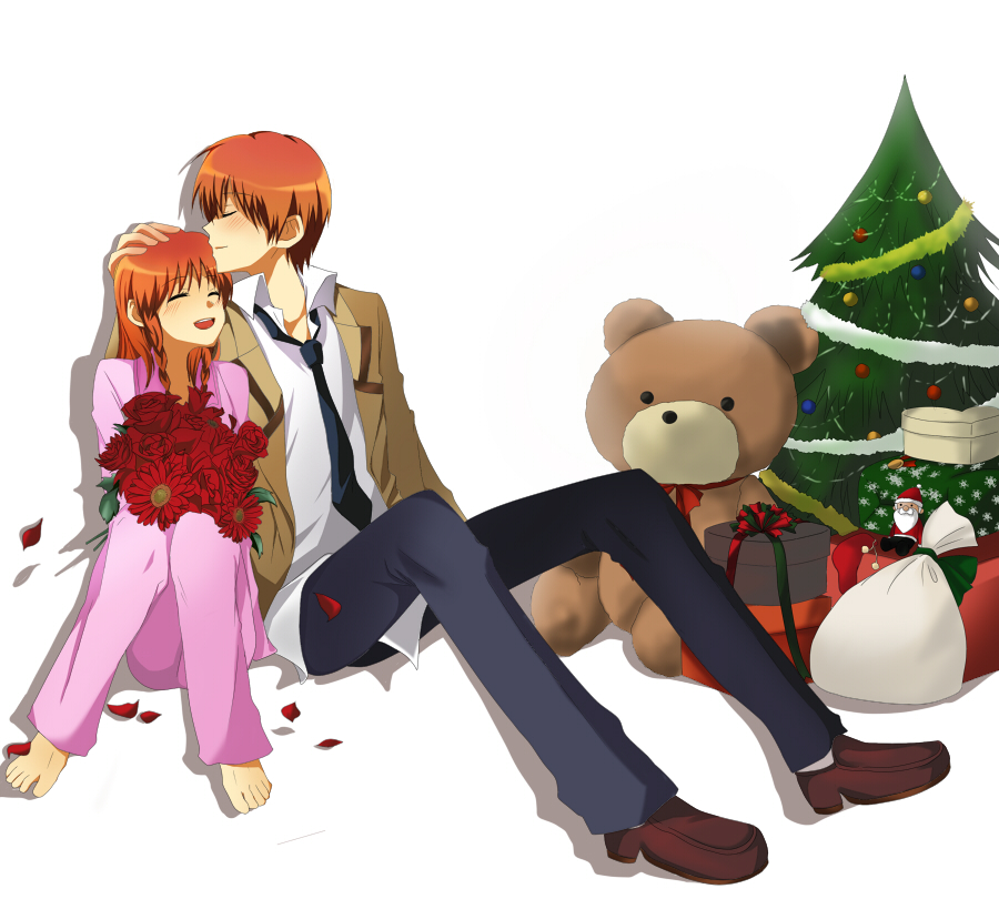 angel_beats!, brother_and_sister, christmas, gift, hug, long_hair, orange_hair, otonashi_(angel_beats!)