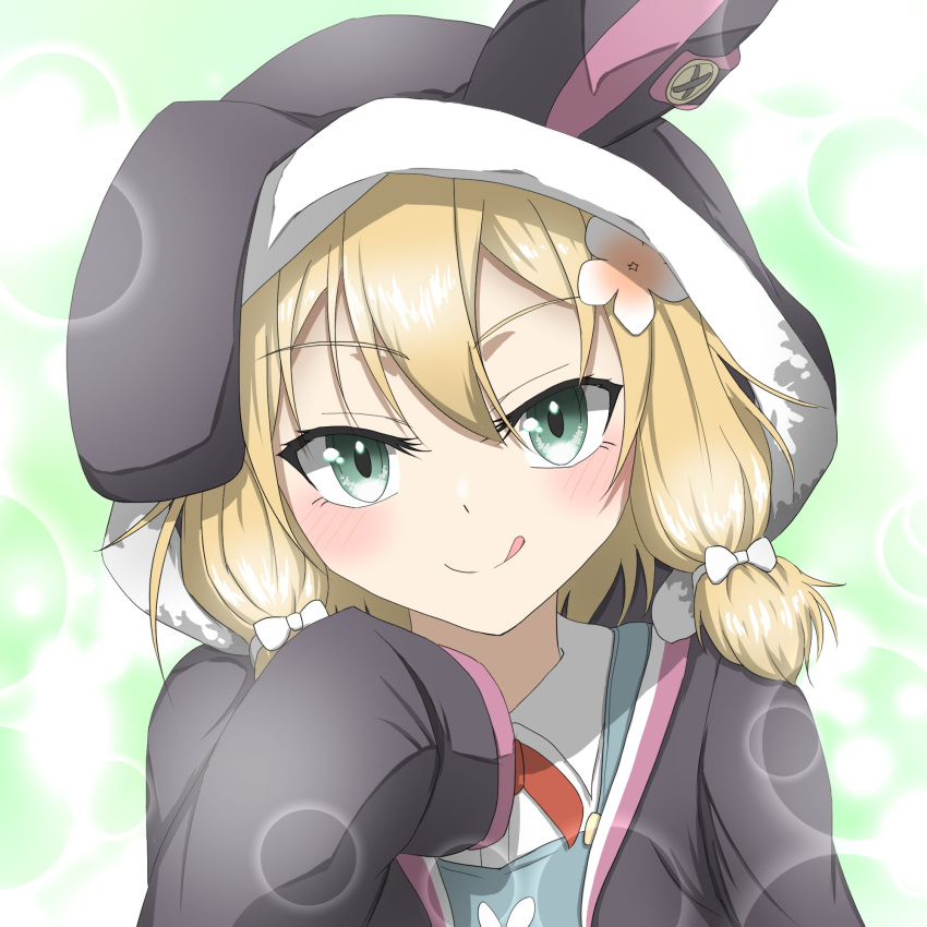 1girl, :q, akagi_yutaka, apron, blonde_hair, blue_apron, blush, closed_mouth