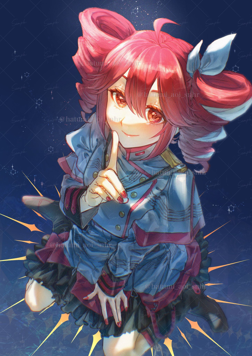 1girl, ahoge, belt, black_belt, black_footwear, blue_background, blush, boots, bow, buttons, double-breasted, double-parted_bangs, drill_hair, finger_to_mouth, fingernails, flat_chest, full_body, grey_jacket, grey_shirt, hair_between_eyes, hair_bow, hair_ribbon, hatsumi_aoi, highres, index_finger_raised, jacket, kasane_teto, kasane_teto_(sv), kneeling, layered_sleeves, lips, looking_at_viewer, nail_polish, red_nails, red_skirt, red_trim, redhead, ribbon, shirt, shoulder_belt, shoulder_boards, shushing, simple_background, skirt, skirt_set, smile, solo, striped_clothes, striped_jacket, synthesizer_v, twin_drills, twintails, utau, vocaloid, white_bow, white_ribbon