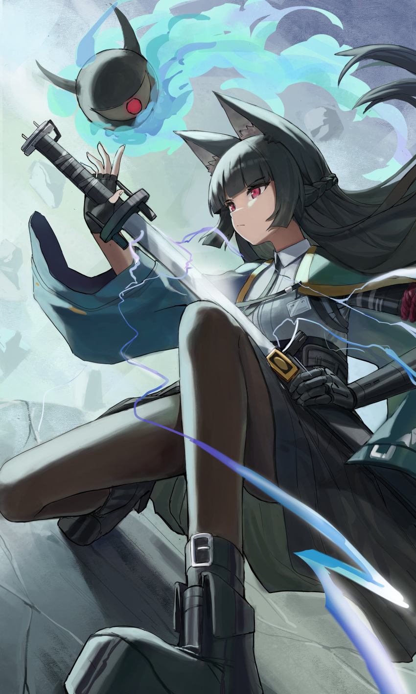 1girl, aaroza, absurdres, animal_ear_fluff, animal_ears, black_gloves, black_hair, black_necktie