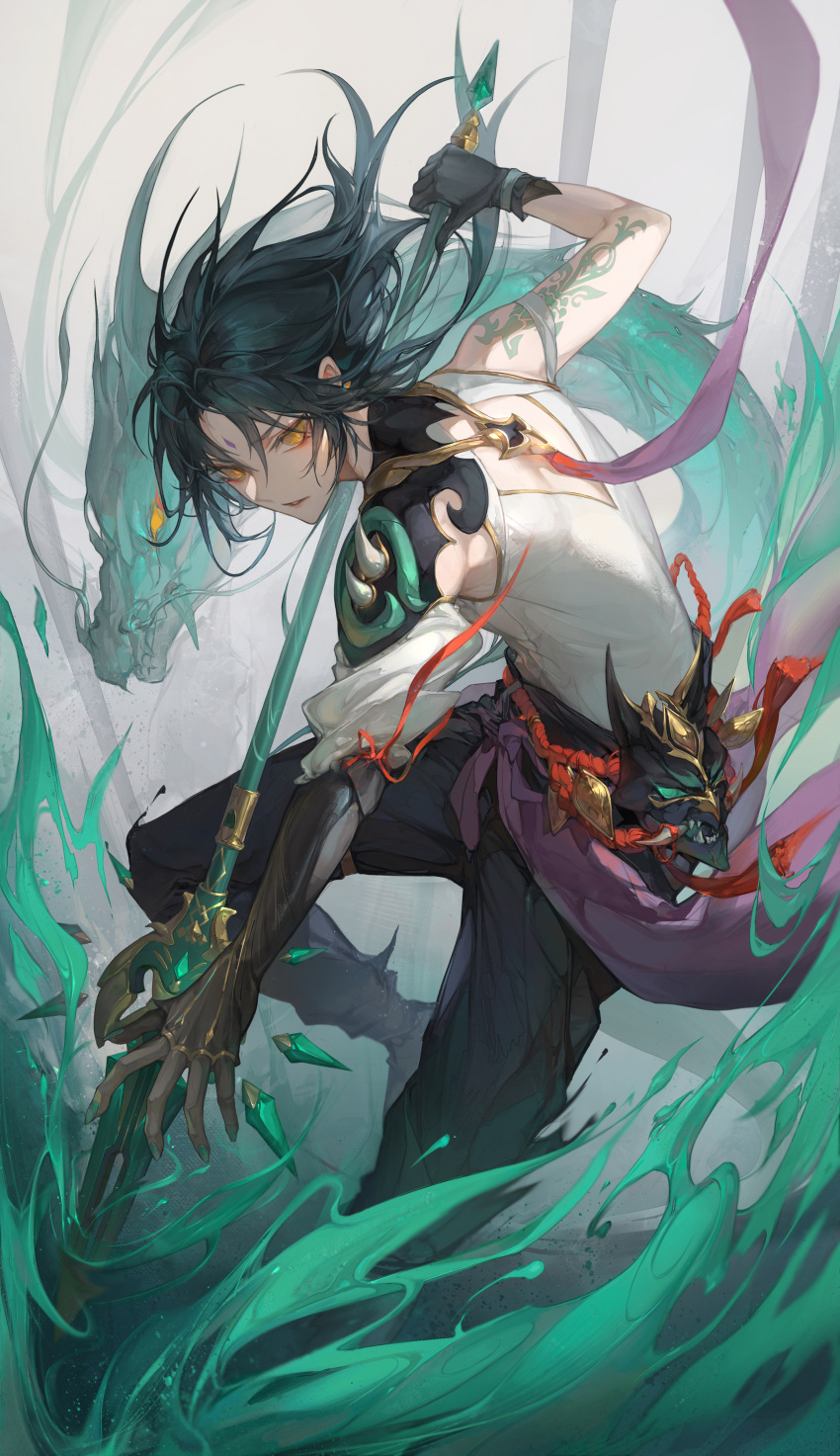 1boy, absurdres, back_cutout, bishounen, black_footwear, black_gloves, black_hair, black_pants, braid, chinese_clothes, clothing_cutout, commentary, dragon, eastern_dragon, english_commentary, eyeshadow, facial_mark, floating_hair, forehead_mark, genshin_impact, gloves, green_hair, highres, holding, holding_polearm, holding_weapon, kkamiiz, magic, makeup, male_focus, mask, mask_on_belt, medium_hair, multicolored_hair, oni_mask, pants, parted_lips, polearm, red_eyeshadow, rope_belt, shirt, shoulder_tattoo, single_braid, sleeveless, sleeveless_shirt, solo, spear, tattoo, weapon, white_background, white_shirt, xiao_(genshin_impact), yellow_eyes