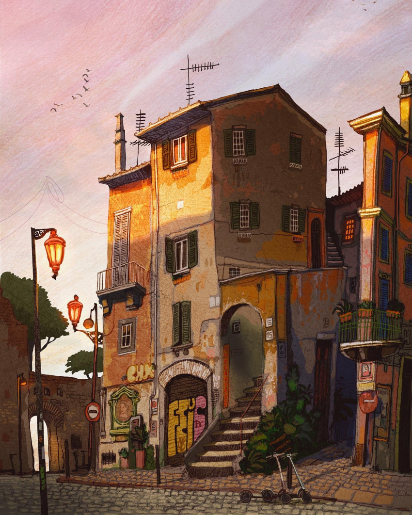 balcony, bird, building, chimney, flying, francisco_fonseca, graffiti, highres, italy, kick_scooter, lamppost, no_humans, original, plant, potted_plant, power_lines, railing, road_sign, rooftop, satellite, sign, tree, window