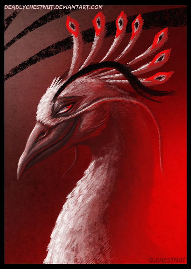 1boy, artist_name, bird, deadlychestnut, deviantart_username, facial_hair, gradient_background, kung_fu_panda, lord_shen, male_focus, mustache, no_humans, peacock, portrait, profile, red_eyes, red_theme, smirk, solo