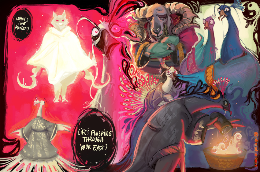 2boys, 2girls, absurdres, bird, crossover, curled_horns, death_(puss_in_boots), english_text, family, frenchublog, ghost, goat, gunpowder, highres, holding_baby, horns, kung_fu_panda, lord_shen, multiple_boys, multiple_girls, open_mouth, peacock, puss_in_boots:_the_last_wish, red_eyes, robe, scared, shrek_(series), shy, sinister, speech_bubble, the_soothsayer_(kung_fu_panda), white_robe, wolf, yin_yang