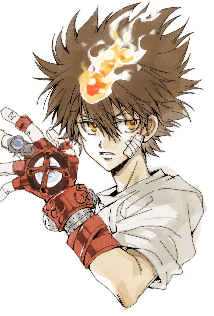 1boy, absurdres, brown_hair, burning, cropped_torso, fire, furrowed_brow, gauze