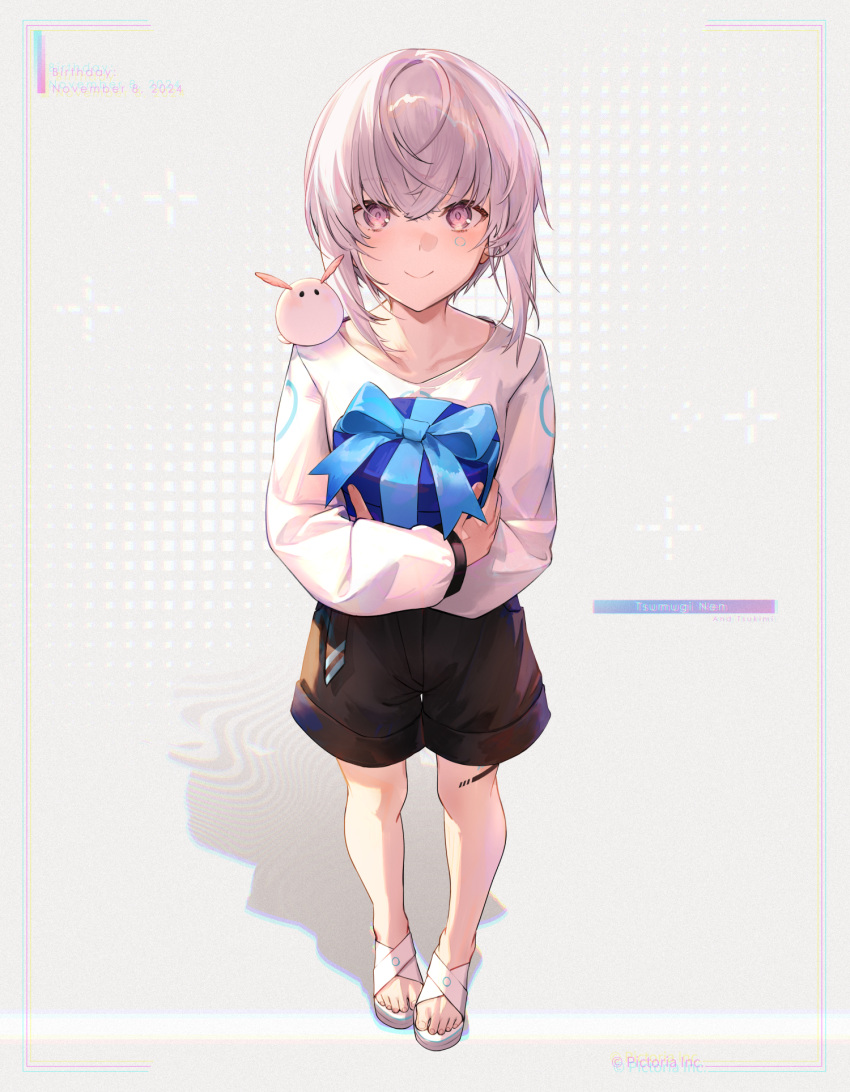1girl, black_shorts, blue_ribbon, box, character_name, chromatic_aberration, collarbone, creature