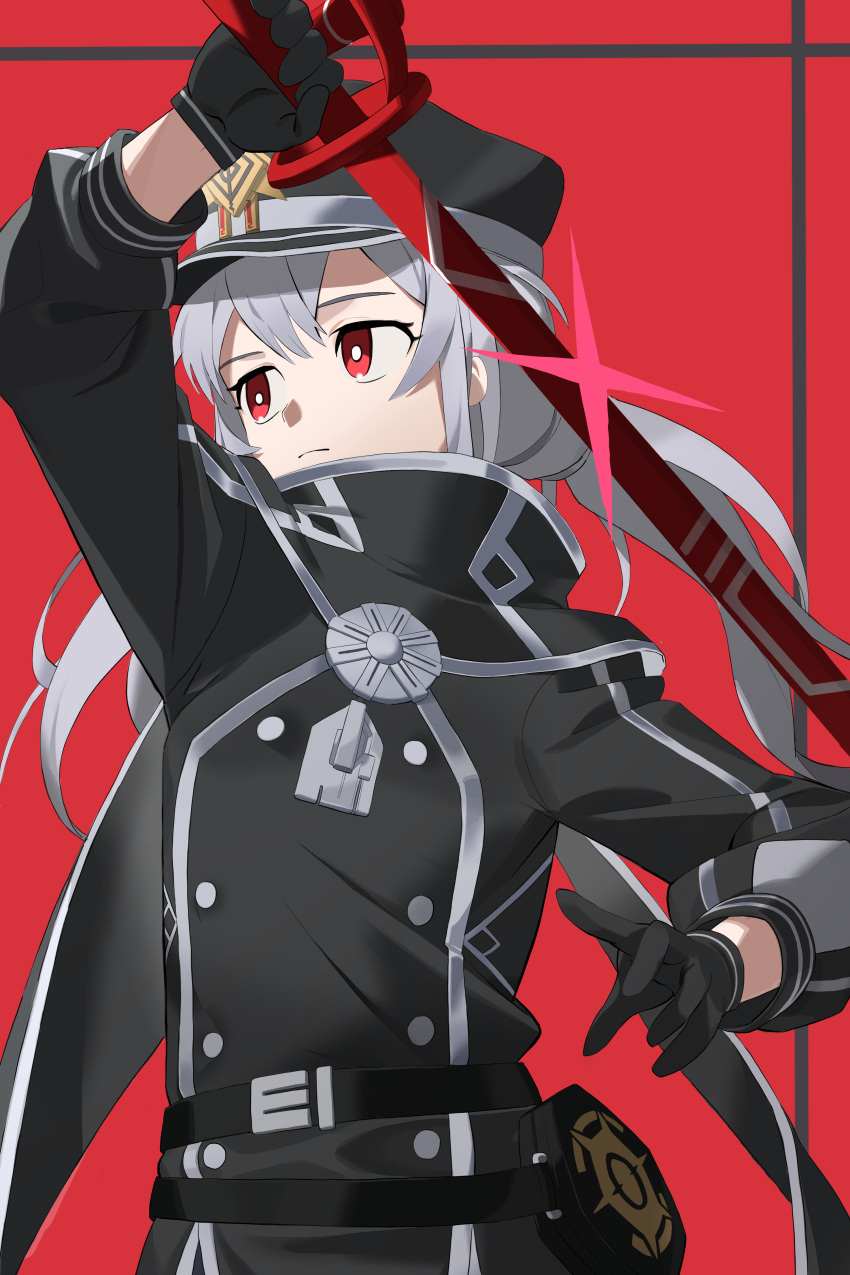 1girl, absurdres, arm_up, belt, black_belt, black_coat, black_gloves, bright_pupils
