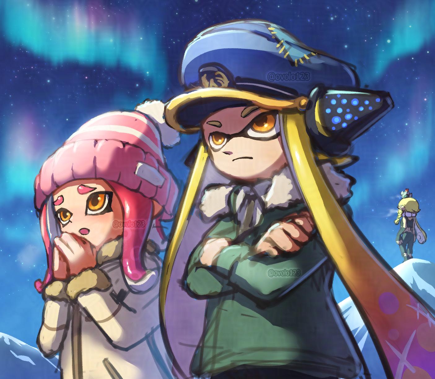 3girls, :o, agent_3_(splatoon), agent_3_(splatoon_3), agent_8_(splatoon), artist_name, aurora, beanie