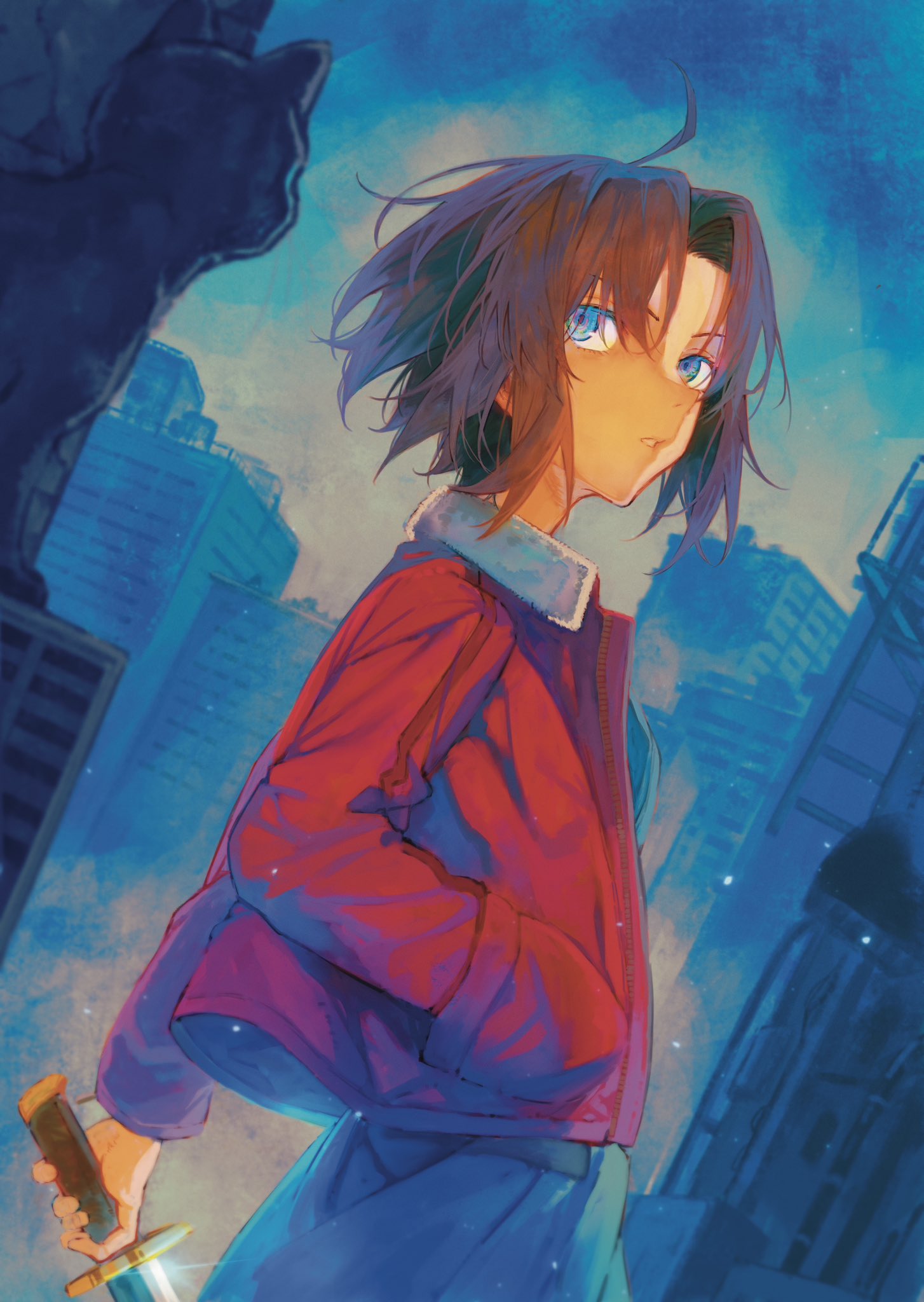 1girl, ahoge, black_hair, blue_eyes, cat, cityscape, highres, holding