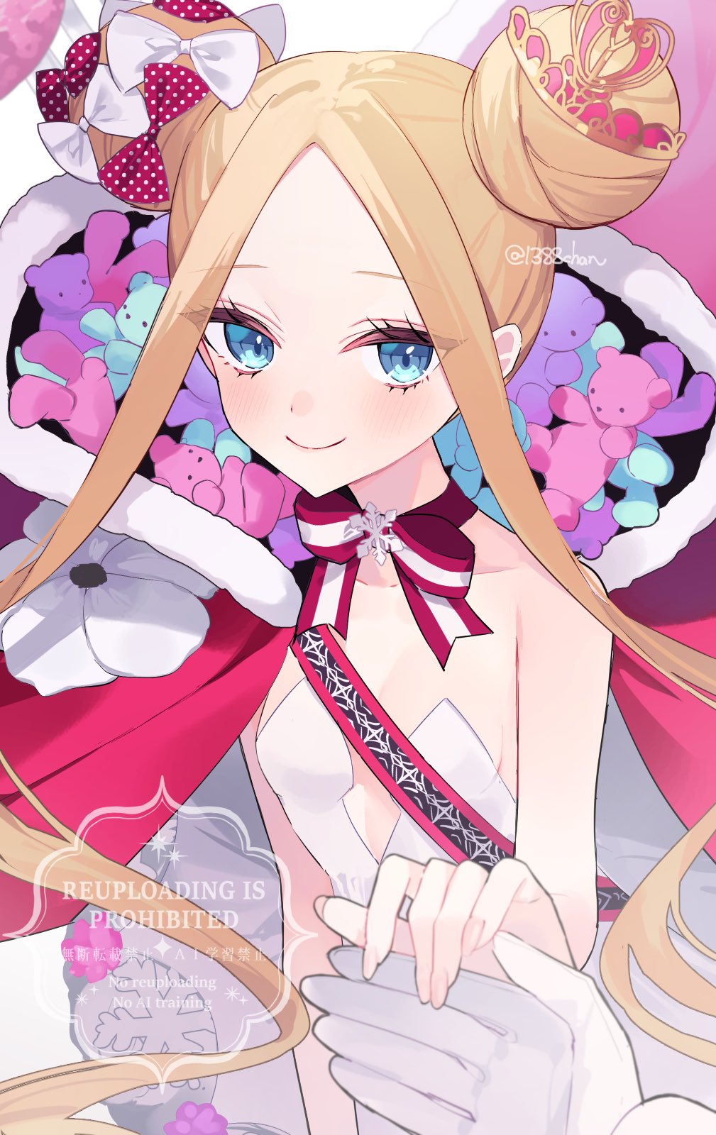 1388chan, 1girl, 1other, abigail_williams_(fate), abigail_williams_(santa)_(fate), blonde_hair, blue_eyes, blush