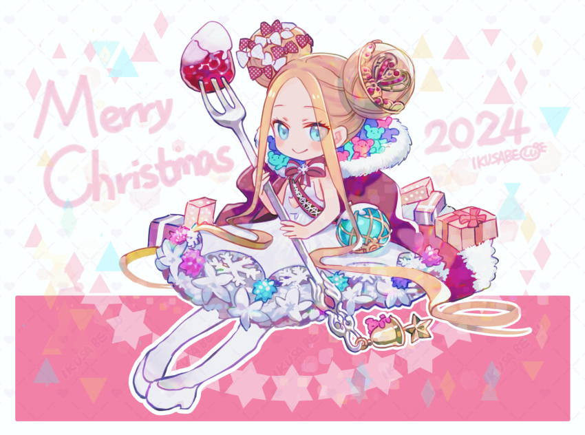 1girl, 2024, abigail_williams_(fate), abigail_williams_(santa)_(fate), bell, blonde_hair, blue_eyes, blush