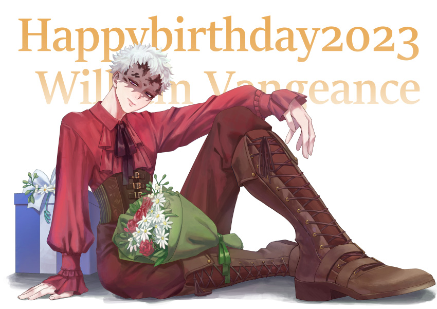 1boy, 2023, absurdres, alternate_costume, androgynous, arm_on_knee, arm_rest, ascot