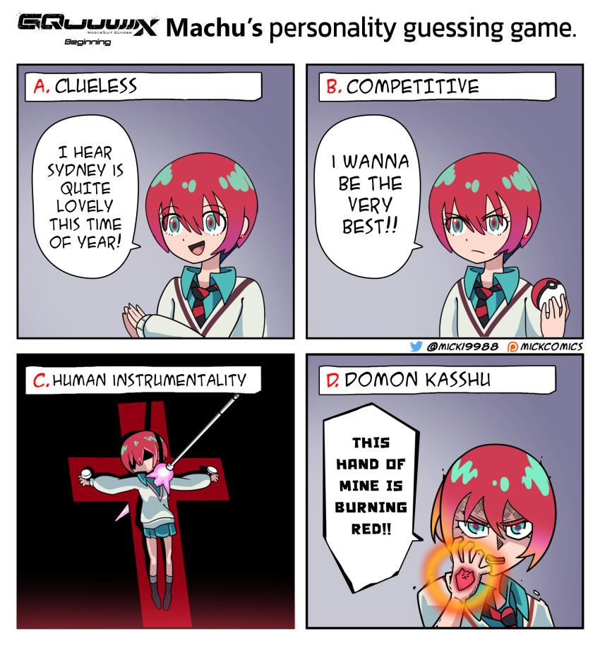 1girl, amate_yuzuriha, aqua_eyes, ash_ketchum, bakunetsu_god_finger, beam_javelin, bernard_wiseman, crucifixion