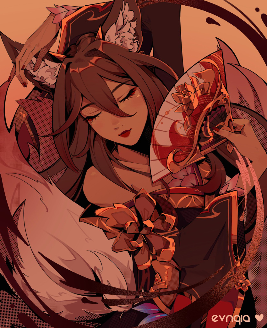1girl, animal_ears, artist_name, bare_shoulders, black_dress, brown_hair, closed_eyes, commentary, dress, english_commentary, evnqia, eyeliner, fox_ears, fox_girl, fox_tail, fugue_(honkai:_star_rail), hair_between_eyes, hand_fan, heart, highres, holding, holding_fan, honkai:_star_rail, honkai_(series), long_hair, long_sleeves, makeup, red_eyeliner, red_lips, solo, tail, tingyun_(honkai:_star_rail)