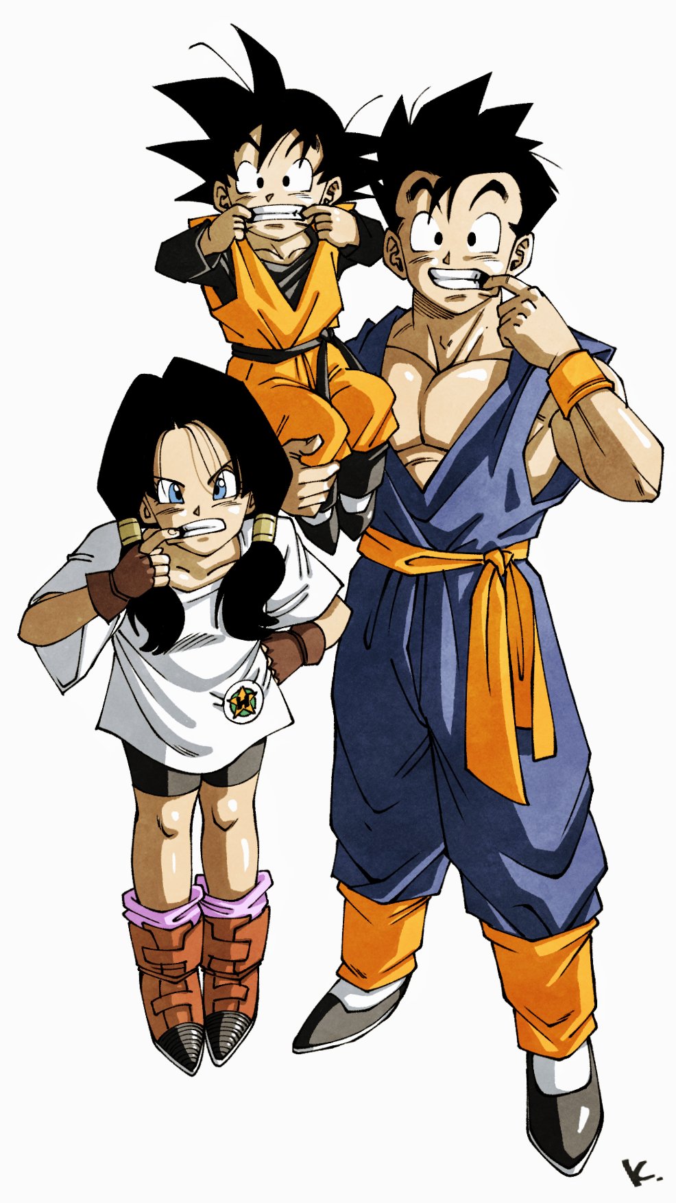 1girl, 2boys, artist_logo, bike_shorts, black_eyes, black_hair, blue_eyes, brothers
