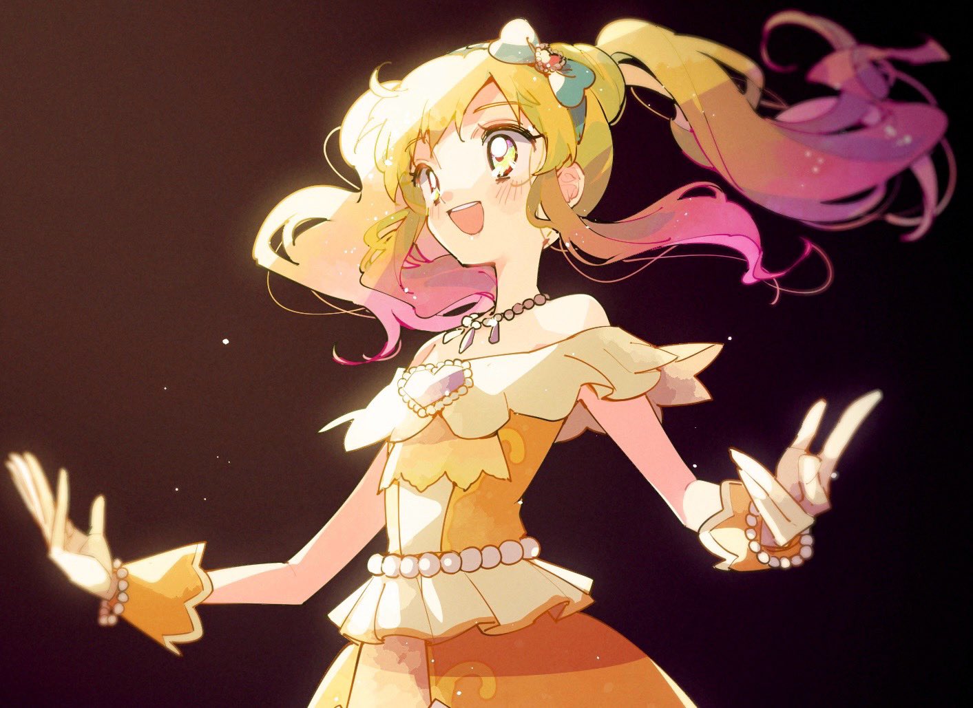 1girl, :d, aikatsu!_(series), aikatsu_stars!, aqua_bow, bare_shoulders, blonde_hair, blurry, blush, bow, brooch, colored_lineart, dangan_(g7mogmog), dark_background, depth_of_field, dress, floating_hair, gloves, gradient_background, gradient_hair, hair_bow, heart, heart_brooch, idol, jewelry, light_particles, long_hair, multicolored_eyes, multicolored_hair, necklace, nijino_yume, official_alternate_costume, open_hands, orange_dress, palms, pink_hair, rainbow_eyes, sidelocks, sleeveless, sleeveless_dress, smile, solo, spread_fingers, standing, strapless, strapless_dress, teeth, three_quarter_view, twintails, two-tone_hair, upper_body, upper_teeth_only