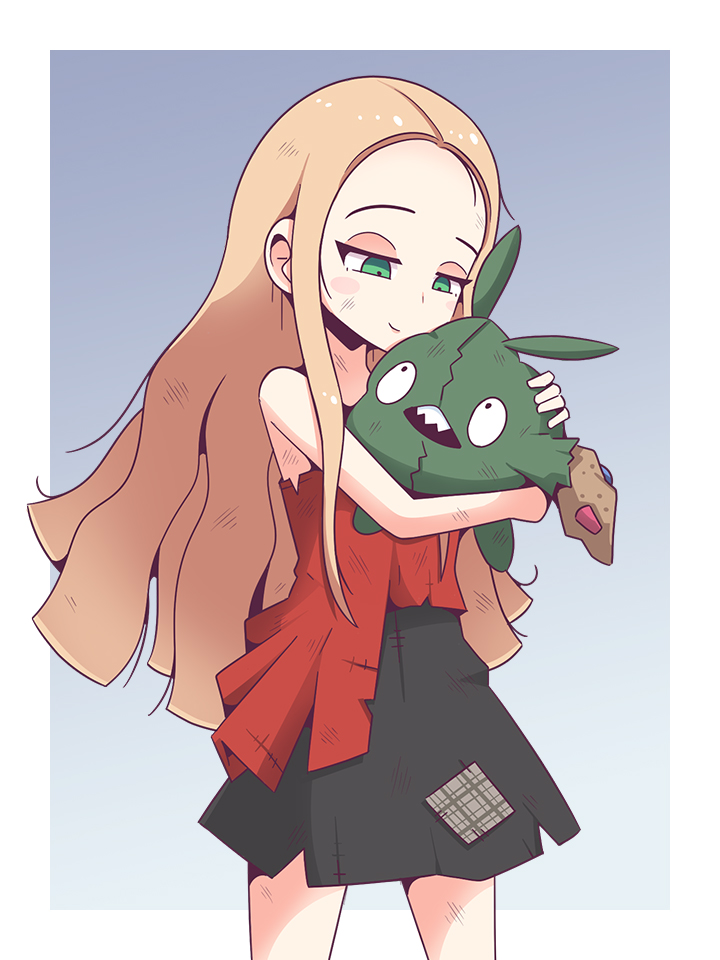 1girl, aged_down, black_skirt, blonde_hair, blue_background, border, closed_mouth, commentary, dirty, dirty_face, gradient_background, green_eyes, holding, holding_pokemon, ink_(inksgirls), long_hair, messy_hair, oleana_(pokemon), outside_border, pokemon, pokemon_(creature), pokemon_swsh, sidelocks, simple_background, skirt, smile, solo, torn_clothes, trubbish, white_border