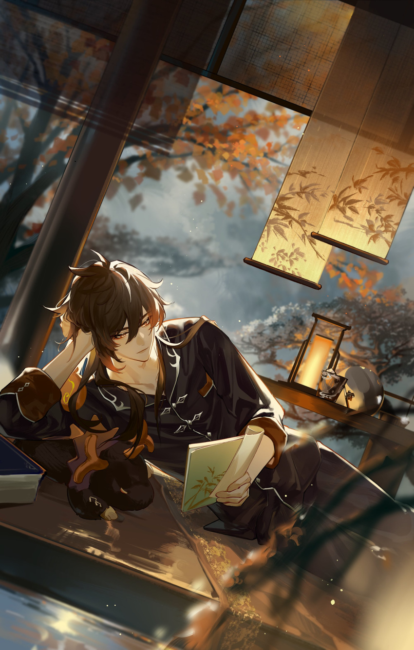 1boy, absurdres, autumn_leaves, black_pajamas, book, brown_hair, commentary_request, cup