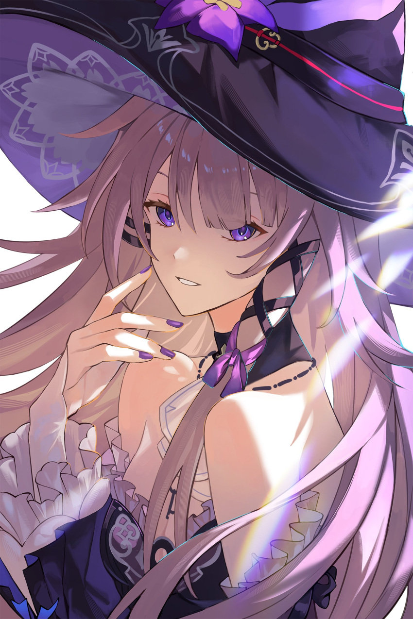1girl, absurdres, bare_shoulders, black_hat, brown_hair, flower, hair_between_eyes, hat