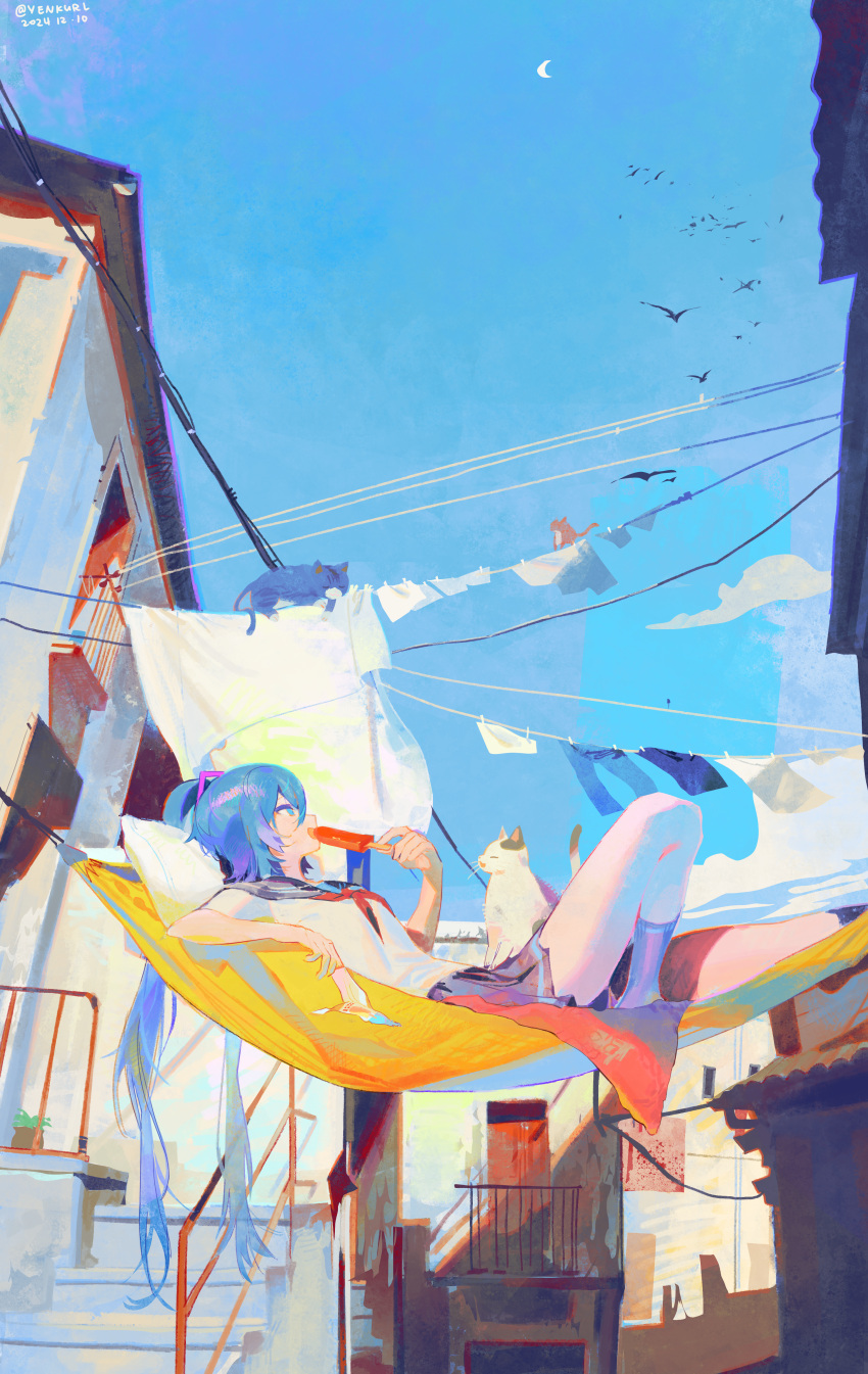 1girl, absurdres, animal, blue_eyes, blue_hair, blue_sailor_collar, blue_skirt, blue_sky, blue_socks, cat, clothes, clothesline, commentary, crescent_moon, dated, day, english_commentary, food, from_side, hair_between_eyes, hair_ornament, hammock, hatsune_miku, highres, holding, holding_food, holding_popsicle, house, knee_up, kneehighs, laundry, long_hair, lying, moon, neckerchief, on_back, on_hammock, open_mouth, outdoors, plant, pleated_skirt, popsicle, potted_plant, power_lines, profile, red_neckerchief, sailor_collar, school_uniform, shirt, short_sleeves, simple_bird, skirt, sky, smile, socks, solo, twitter_username, very_long_hair, vocaloid, white_shirt, yenkurl