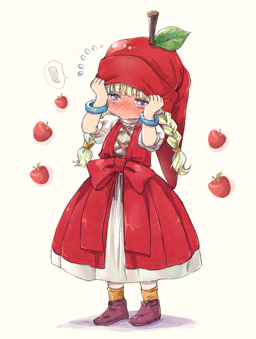 1girl, apple, blonde_hair, blush, bow, braid, commentary_request, dragon_quest