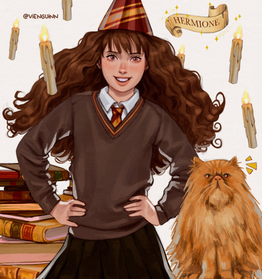 1girl, animal, blush, book, brown_hair, candle, cat, character_name, collared_shirt, commentary, emma_watson, english_commentary, grey_sweater, hands_on_own_hips, harry_potter_(series), hat, hermione_granger, highres, long_hair, looking_at_viewer, necktie, notice_lines, party_hat, school_uniform, shirt, skirt, sweater, twitter_username, vienguinn, white_shirt, wizarding_world