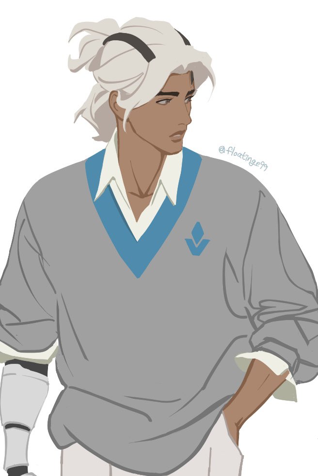 1boy, alternate_hairstyle, asymmetrical_sleeves, brown_eyes, collared_shirt, commentary_request, cowboy_shot, dark-skinned_male, dark_skin, floatinge99, grey_sweater, hand_in_pocket, korean_commentary, lifeweaver_(overwatch), looking_to_the_side, male_focus, overwatch, overwatch_2, pants, parted_lips, prosthesis, prosthetic_arm, shirt, simple_background, sleeves_rolled_up, solo, sweater, twitter_username, uneven_sleeves, white_background, white_hair, white_pants, white_shirt, wing_collar
