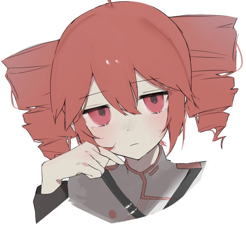 14u0, 1girl, ahoge, drill_hair, grey_jacket, hair_between_eyes, jacket, kasane_teto, kasane_teto_(sv), long_sleeves, looking_at_viewer, red_eyes, red_trim, redhead, short_hair, shoulder_belt, sidelocks, simple_background, solo, twin_drills, twintails, utau, vocaloid, white_background