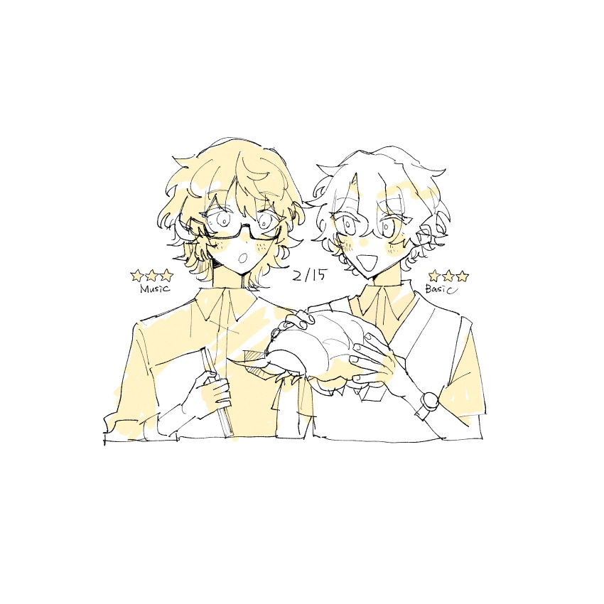 2boys, :o, animal, book, character_request, collared_shirt, commentary_request, cropped_torso